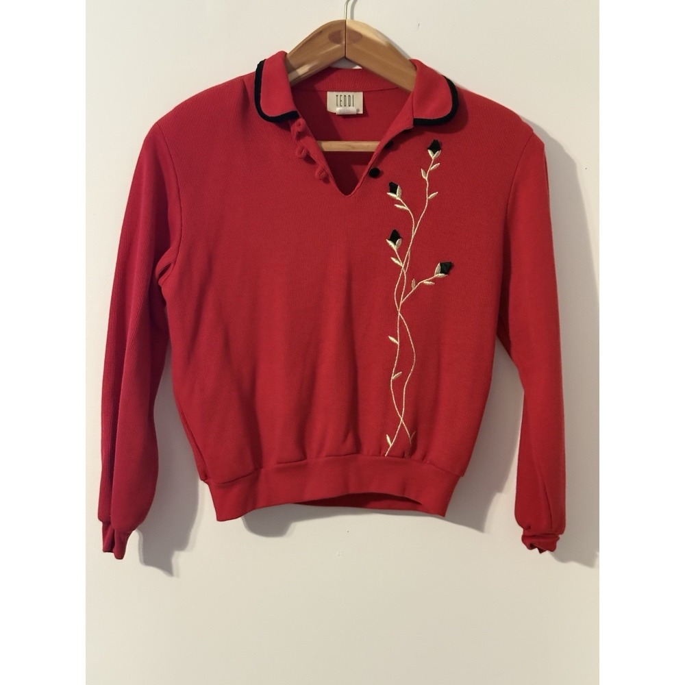 VTG Teddi PS Red  Gold‎ Floral Sweater Blk Velvet Trim & Buttons Preppy Classic